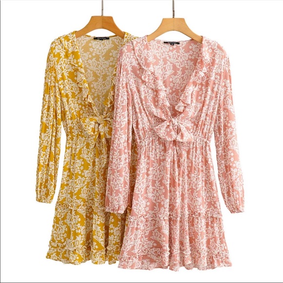 Ruffle Floral Long Sleeve Boho Gypsy Dress Yellow - Picture 8 of 14